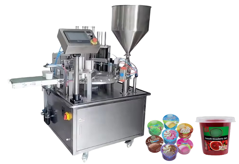 Rotary plastic cup filling and sealing machine